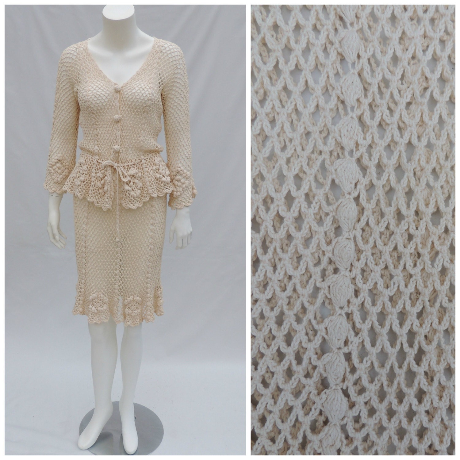 Vtg Cream Crochet Mesh Sheer Net Cardigan Top and Skirt Set sz s/m