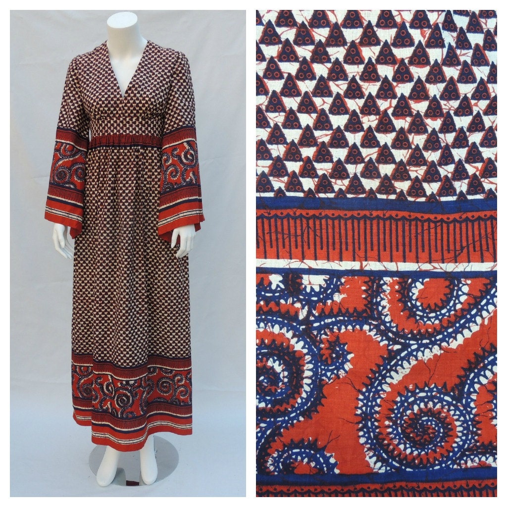 Vtg Batik Indian Print Cotton Angel Sleeve Maxi Dress sz s