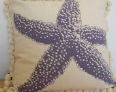 Screen Printed Starfish Pillow in Plum with Pom Pom Fringe, Button back by Willywaw