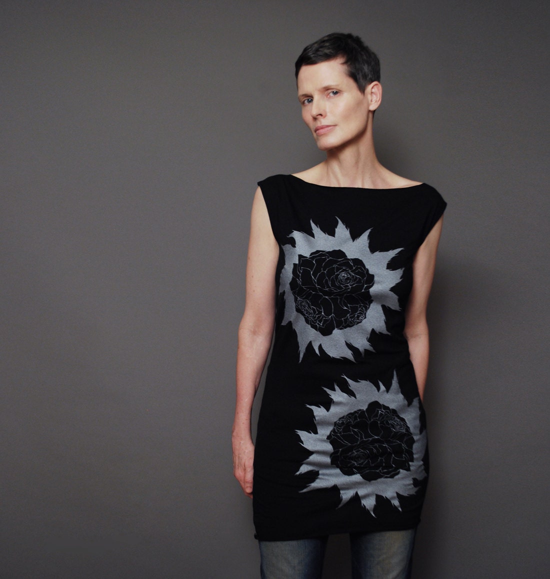 Fashion Black Party Dress - Women's T Shirt Dress - Rose Flower Abstract Geometric Print