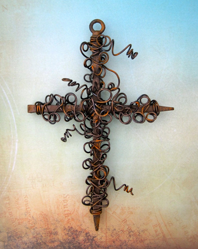 Rustic Wire Wrapped Nail Wall Cross