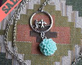 15% OFF SALE Aqua Flower Pendant, Bird Necklace, Two Perched Birds, Chrysanthemum, Resin Cabochon, Silver Plated, Gift for Her