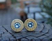 Bullet Earrings stud or post, brass/gold PMC .38 special with Swarovski December birthstones