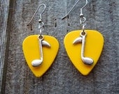 Yellow Guitar Pick and Silver Music Note Charm Earrings