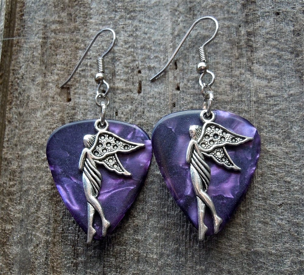 Purple Guitar Pick and Fairy Charm Earrings