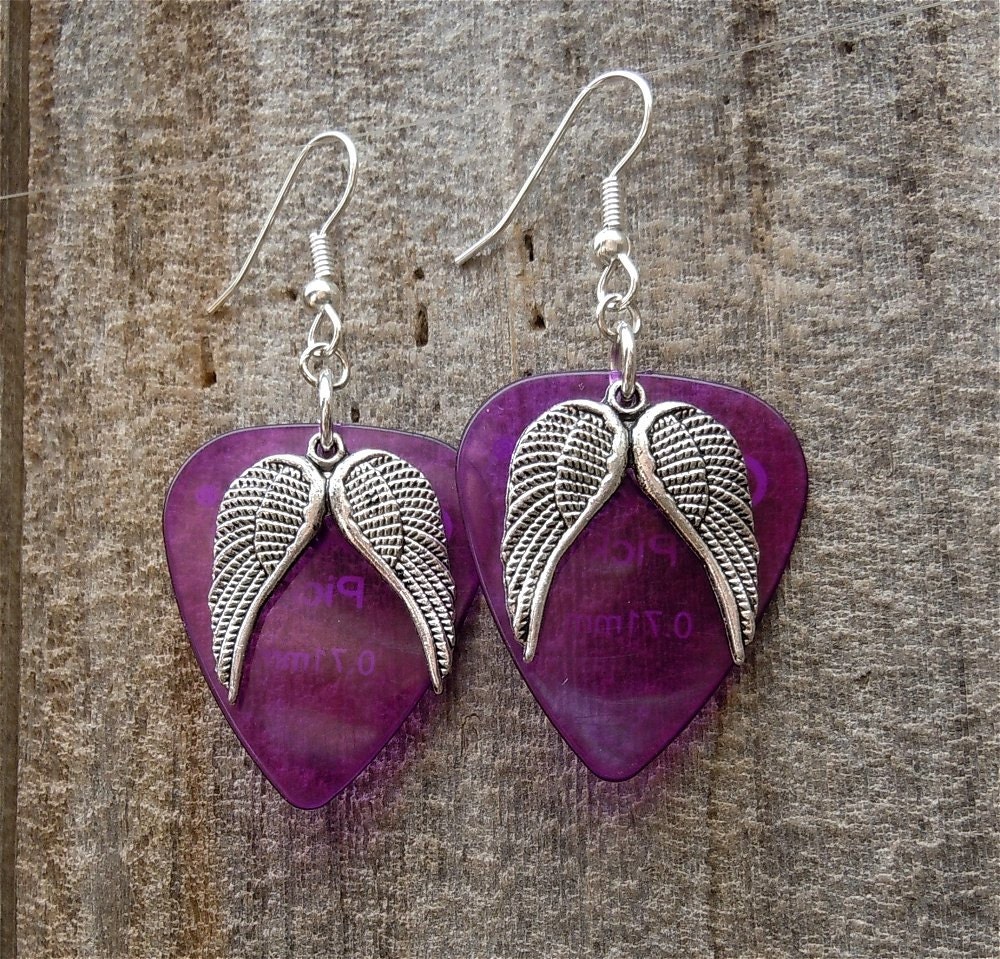 Wing Charms and Transparent Purple Guitar Pick Earrings