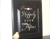 Happily Ever After Sign Typography Word Art in Black and Cream - distressed repurposed Sign