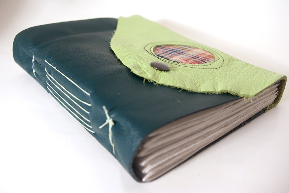Homestead Leather Journal or Sketchbook (lg)  - Bright Green Plaid