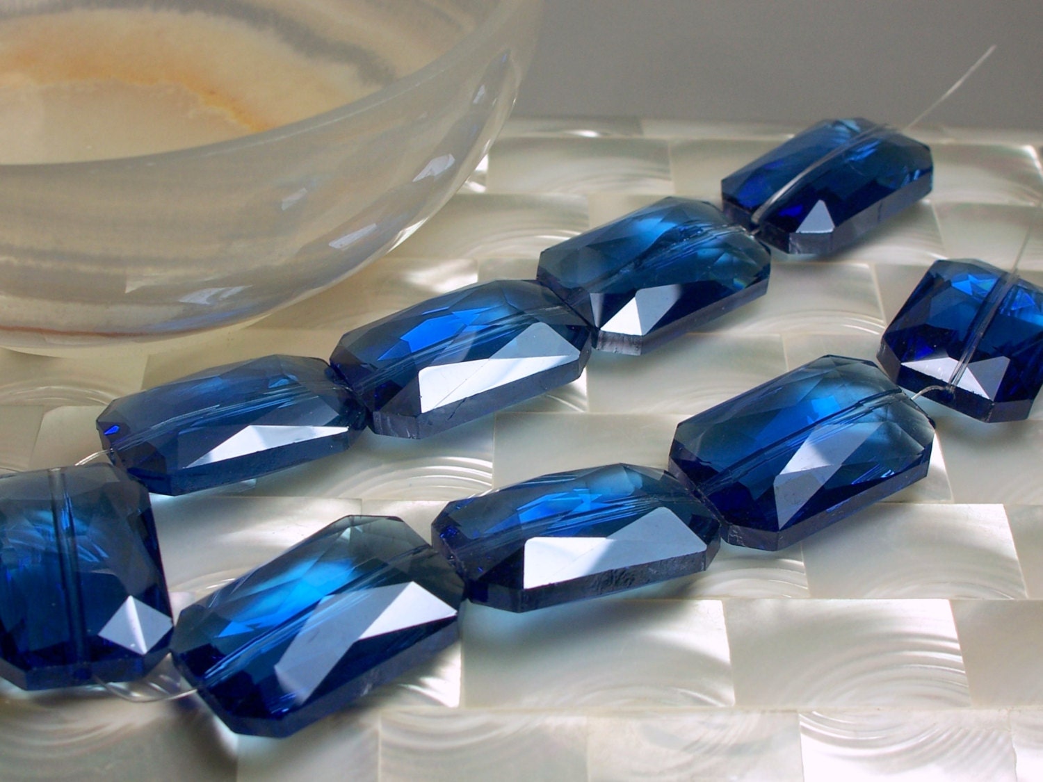 Chinese Crystal glass strand Emerald cut Light Sapphire Blue Large 9pcs