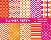 Digital scrapbook papers - fun summer colors, hot pink, tangerine, orange, chevron, quatrefoil, polka dots, stripes for scrapbooking