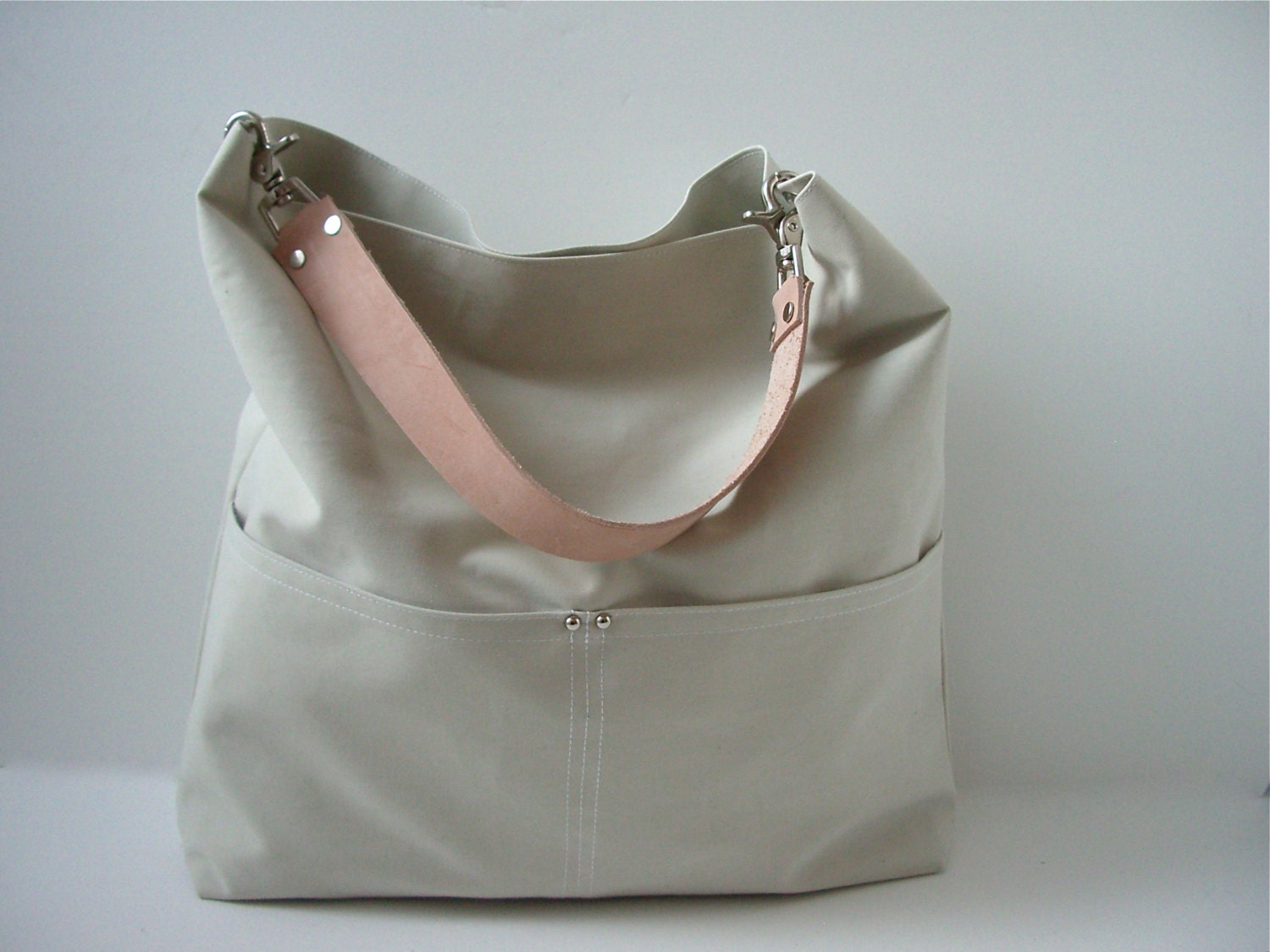Casual, Simple Tote Bag, Bucket Tote - Neutral Stone Color with Leather for Women