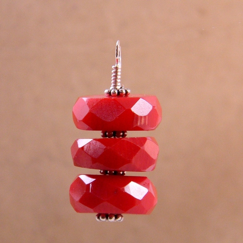 Interchangeable  Earrings Dangles - Faceted Red Coral Stacks And Sterling Silver - Buy Three Receive Free Ear Wire