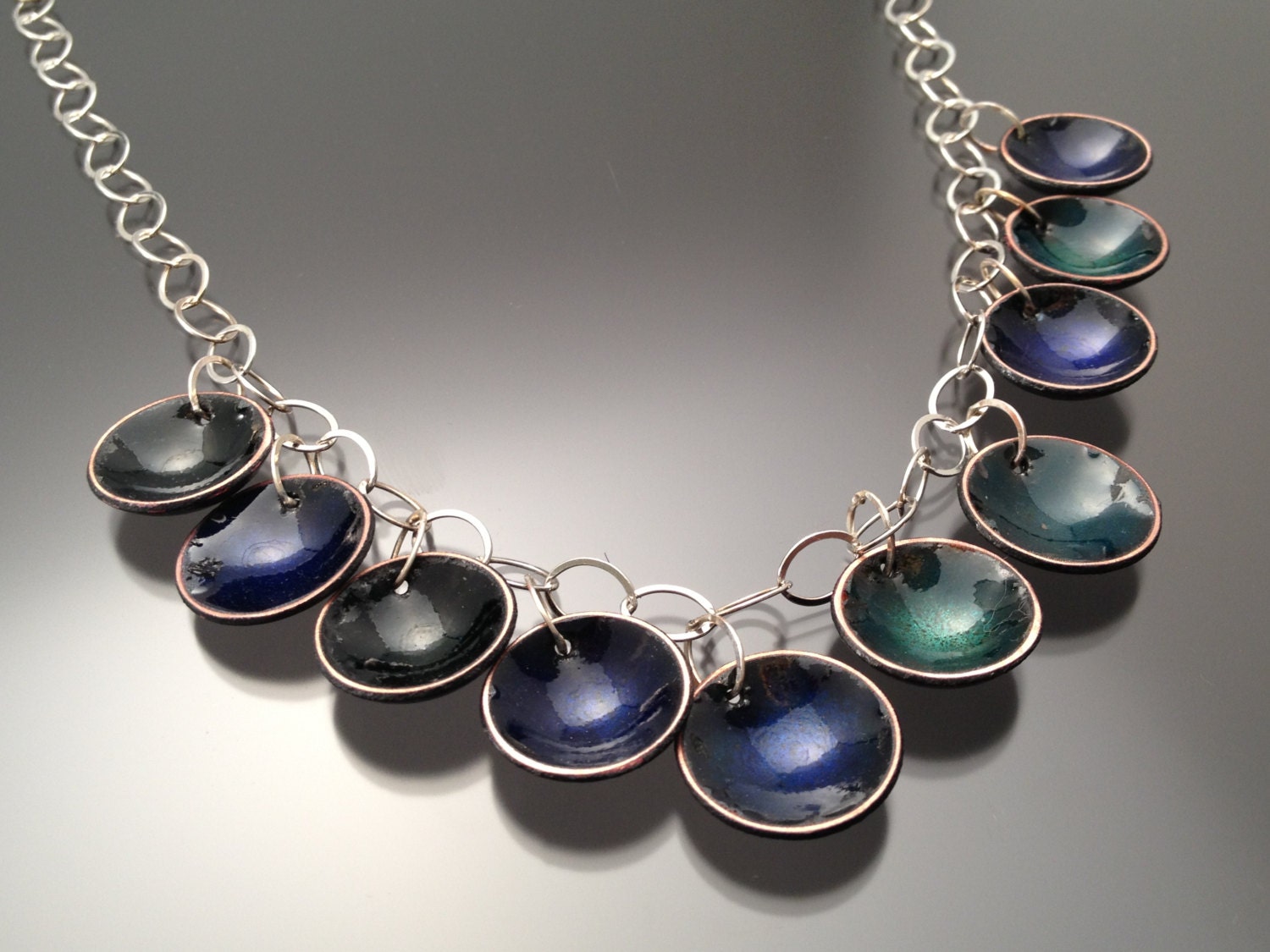 Green and Blue Enameled Necklace on Sterling Silver Chain with Adjustable Clasp
