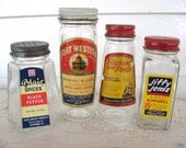 Group of 4 Vintage 1950's Advertising Kitchen Spices Jars w Original Lids, Paper Labels, Red, Yellow, Blue