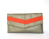 envelope clutch // metallic silver pewter vegan leather - neon coral canvas // large clutch - foldover