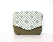 travel clutch // avocado green herringbone cotton - aqua geometric print canvas // cosmetics bag with mirror - makeup bag