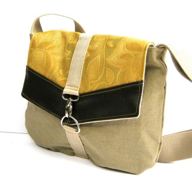 satchel // gray khaki tweed canvas - faux embroidered mustard yellow vinyl - dark brown vegan leather // crossbody bag - adjustable strap