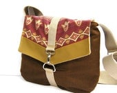 satchel // rich brown herringbone canvas - mauve ethnic tribal print cotton - mustard brown vegan leather // crossbody bag