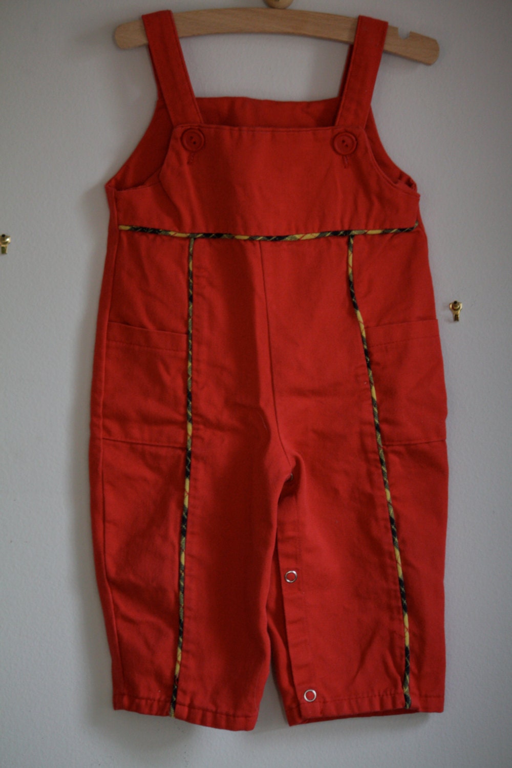 Vintage Red Overalls with Plaid Piping 12 Months