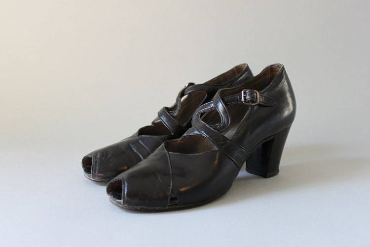 1930s Shoes / Vintage 30s Black Leather Peeptoes / 30s Strappy Heels