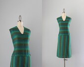 1960s Dress / Vintage 60s Green Stripe Day Dress / 1950s Chemise Dress