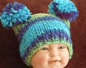 Knit Baby Boy Pompom Beanie Hat in Shades of Blue and Green With Large Pom Poms Photo Prop