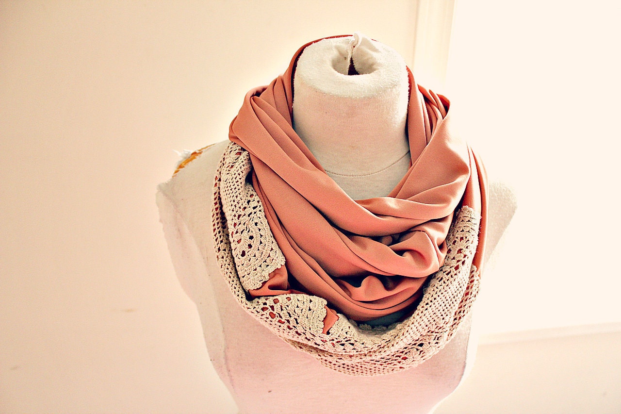 Burnt rose and crochet infinity scarf.