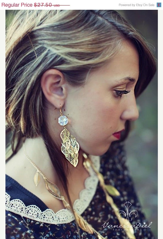 ON SALE Chrissy. gold leaf dangle earrings. vintage crystals.