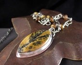 Reduced - Sage Brush Dendritic Jasper Pendant with Stone Beaded Chain - Mixed Metal - Copper and Sterling Silver