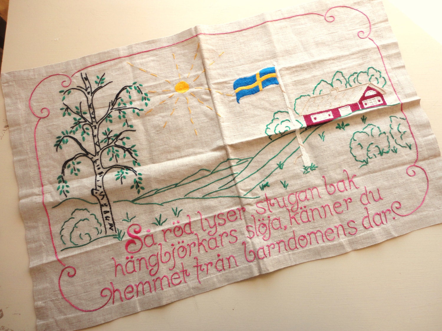 vintage swedish embroidered linen wall hanging