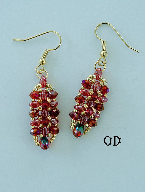 Earring Jane Louise. Beadwork. KIT. Silver, Red and Creme-Bronze colors