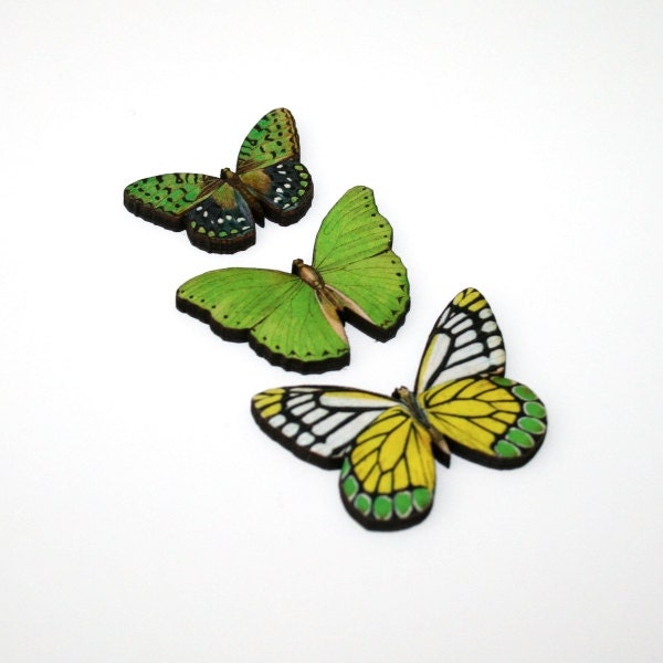 Green Butterfly Brooch, Wood Accessory, Butterfly Badge, Illustration Jewelry, Set of Three