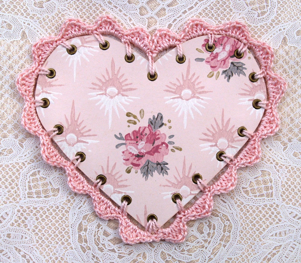 Mothers Day or Anniversary or Birthday Card - Heart Shape Vintage Wallpaper and Hand Crochet Edge With Decorative Label Card