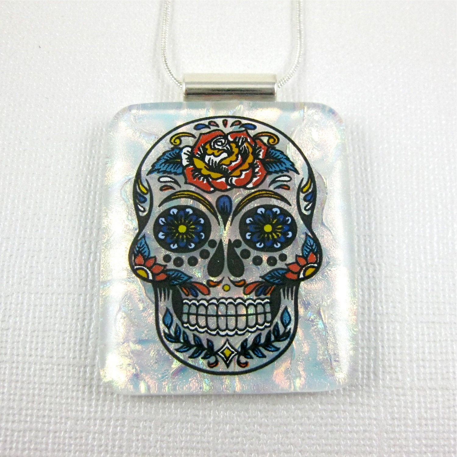 Dichroic Glass Skull Necklace White Fused Glass