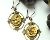 Golden Steampunk OOAK Earrings Vintage Bulova 17 Jewels Watch Movements Swarovski Designed by Mystic Pieces