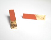 Coral and gold.  Hand painted stud sticks earrings. Sterling silver posts. Minimalist earrings.
