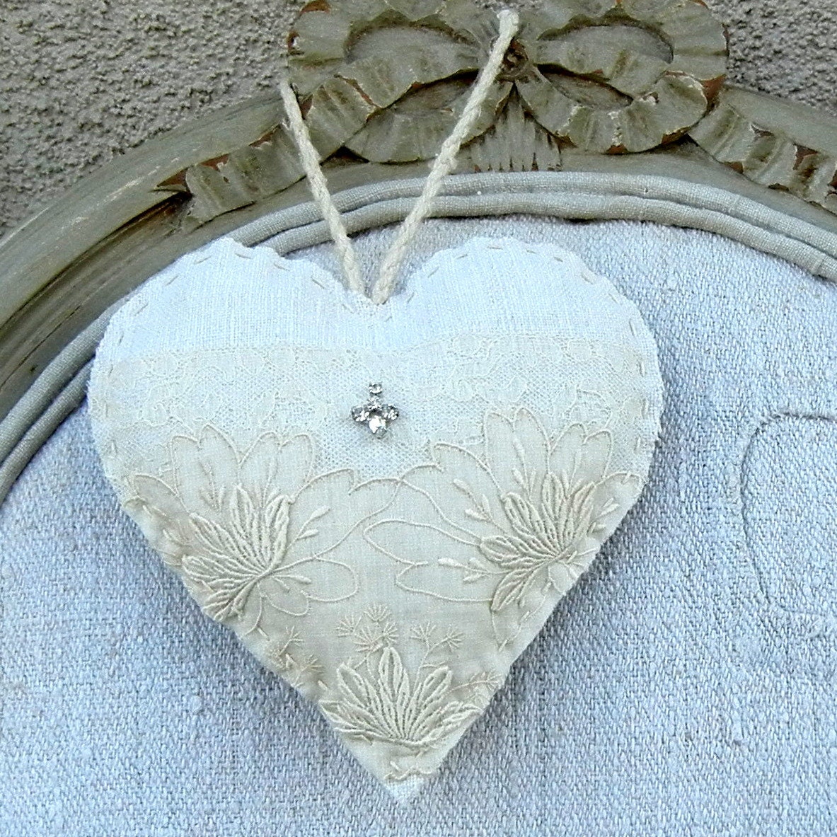Antique Linen Heart Sachet - Vintage Rhinestones - Wedding