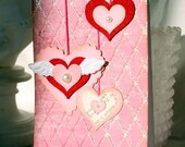 Hand Stamped Card Valentine Card Red White Pink Hearts Felt Hearts Angel Wings Wedding Card