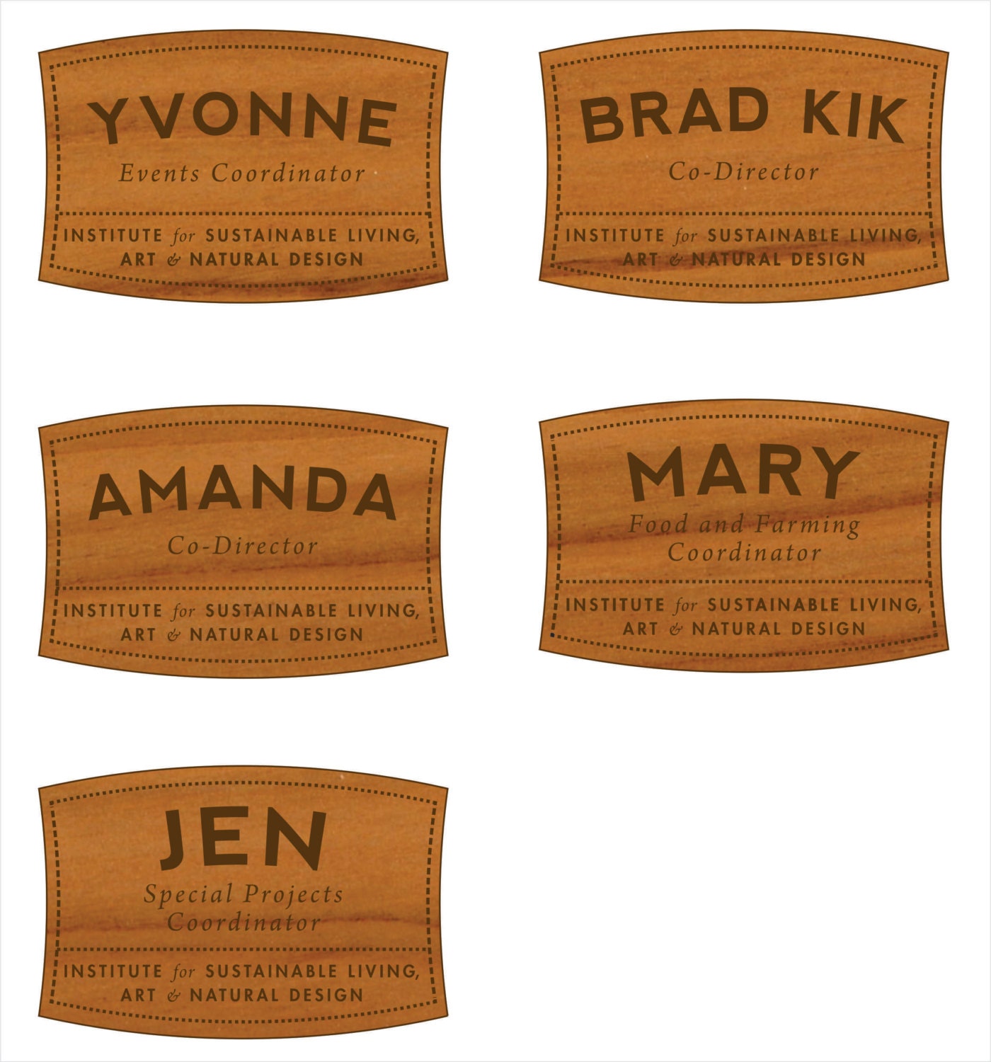 5 cherry wood engraved name badges for Kik