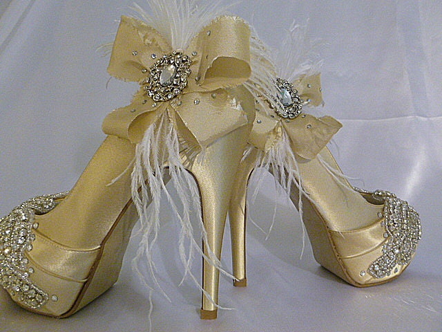 Sparkling Champagne ... champagne satin stilettos with Swarovski crystal and beaded adorned toes and Feathery flourish