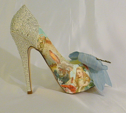 Alice in Wonderland theme wedding shoes ..  bespoke custom design Swarovski heels.. Digital Print imaging