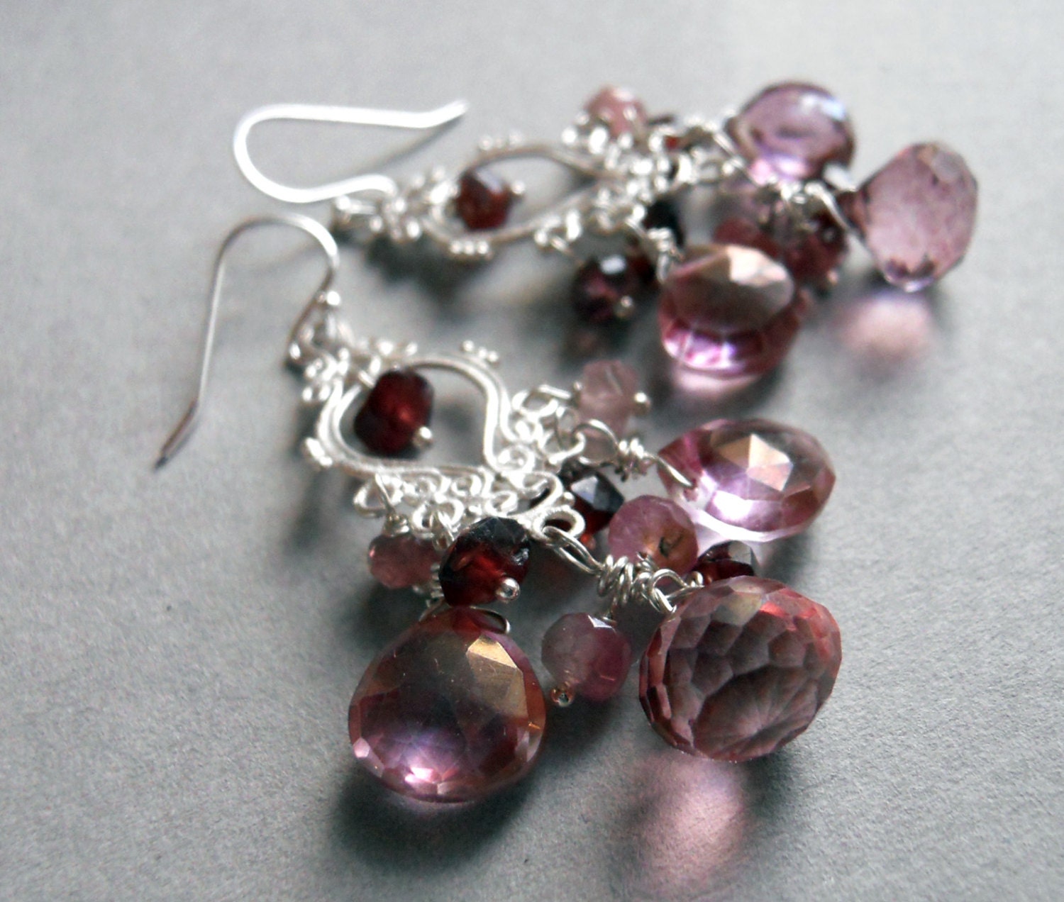 Pink is Sexy Mystic quartz Tourmaline and garnet chandelier earrings : Collection
