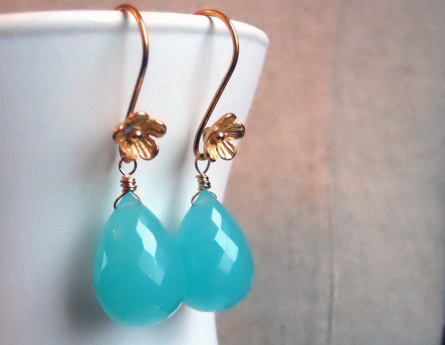 Seafoam Teardrop Chalcedony Cherry Blossom Earrings - $56.00 USD