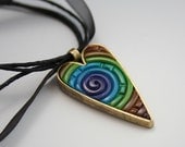 Heart Pendant in Peacock Colors Polymer Clay Filigree (Antique Brass Finish)