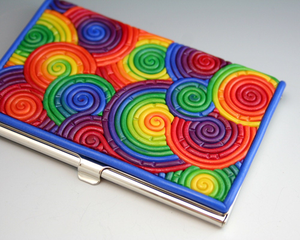 Business Card Case in Rainbow Polymer Clay (Blue Border)