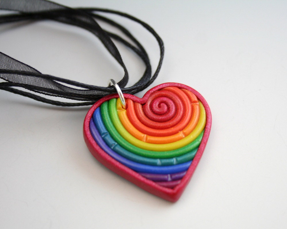 Rainbow Heart Pendant in Polymer Clay Filigree (Red Border)