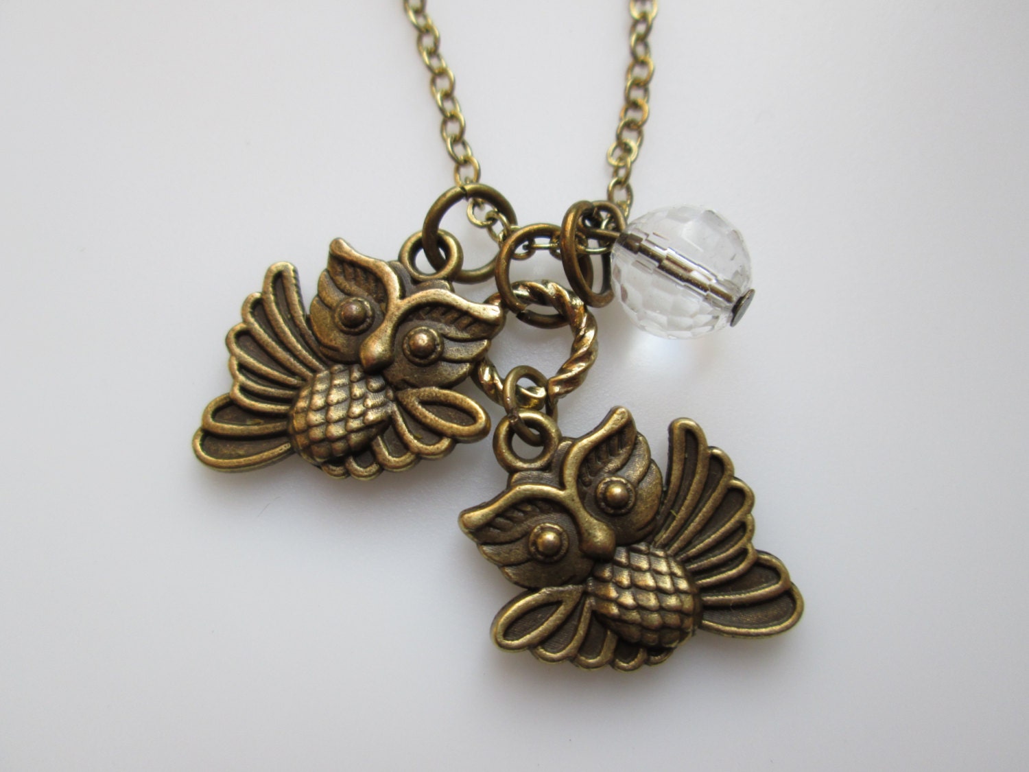 Flying Owl Birds Necklace in Antique Gold Finish