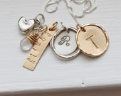 Family Necklace .. Initial Necklace ..Sterling Silver and Gold, Personalized Jewelry , Custom Hand Stamped Mother's Necklace