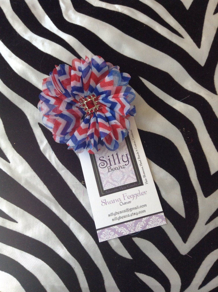 Patriotic red white and blue chevron chiffon blossom clip