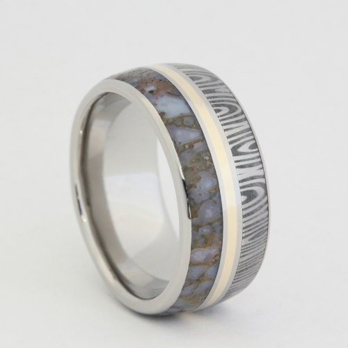 Damascus Wedding Band / Titanium Ring inlaid with Damascus, Dinosaur Bone and 14K Yellow Gold